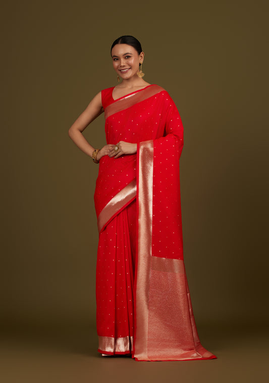 Red Banarasi Silk Zari Weaving Work Elegant Saree