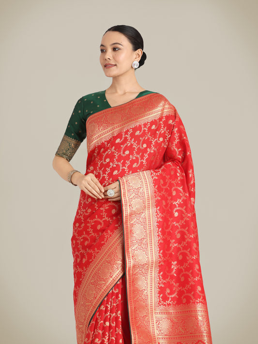 Red Banarasi Silk Zari Weaving Work Classic Saree