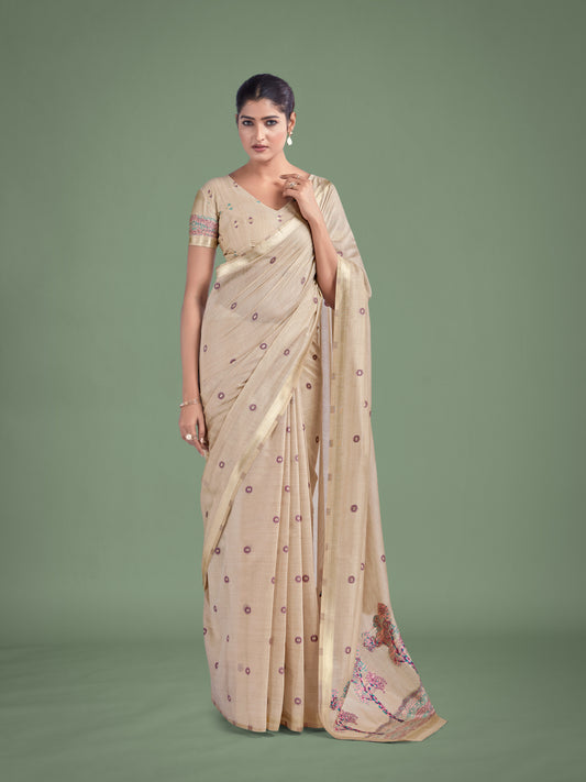 Imaginative Beige & Pink Woven Butti Pattern Cotton Silk Saree
