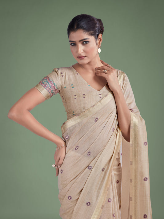 Imaginative Beige & Pink Woven Butti Pattern Cotton Silk Saree