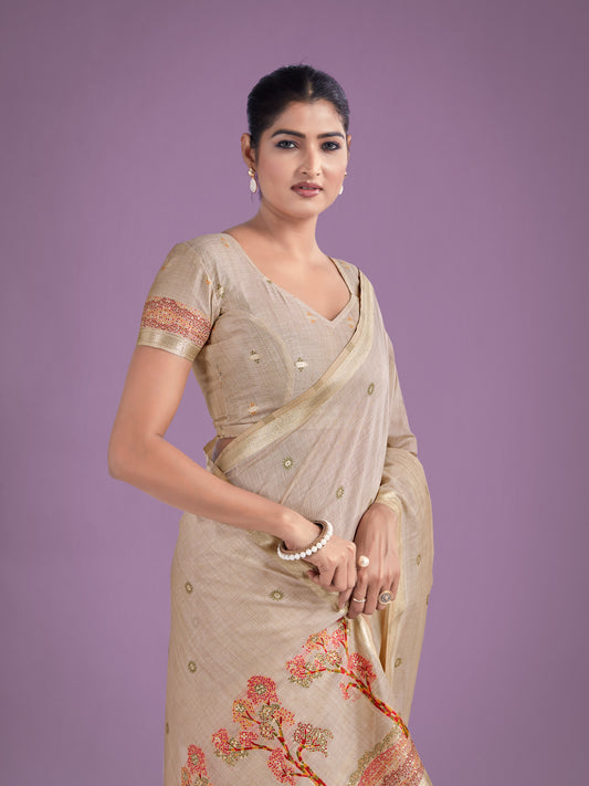 Imaginative Beige & Red Woven Butti Pattern Cotton Silk Saree