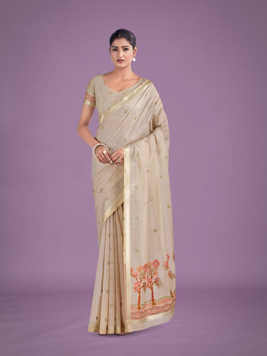 Imaginative Beige & Red Woven Butti Pattern Cotton Silk Saree