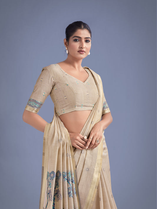 Imaginative Beige & Blue Woven Butti Pattern Cotton Silk Saree