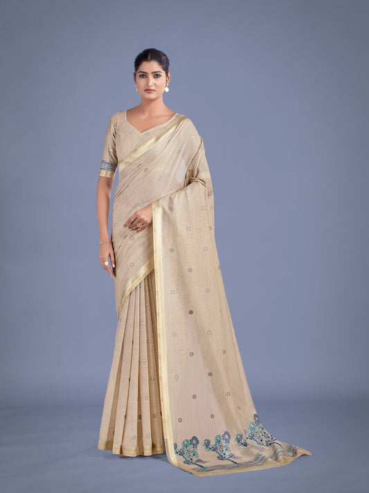 Imaginative Beige & Blue Woven Butti Pattern Cotton Silk Saree