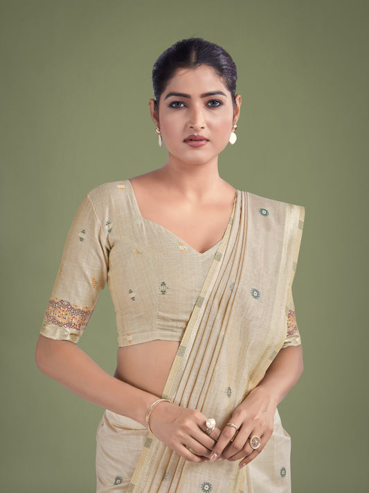 Imaginative Beige & Maroon Woven Butti Pattern Cotton Silk Saree
