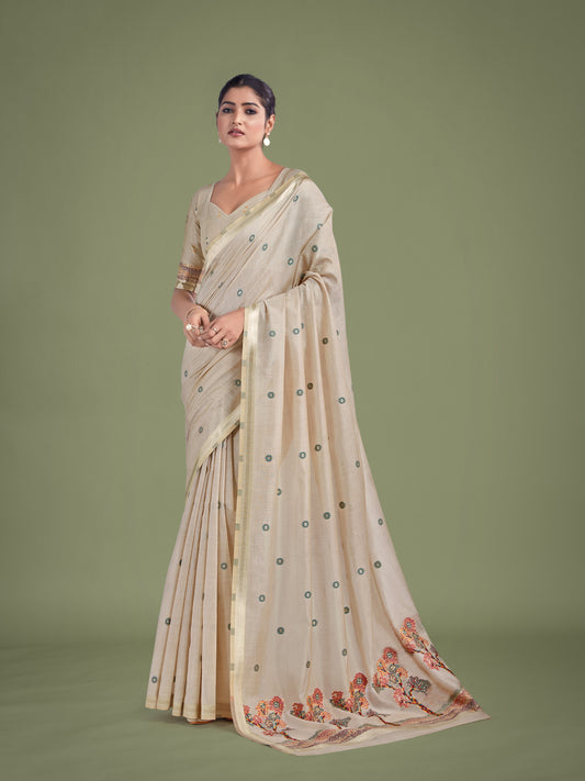 Imaginative Beige & Maroon Woven Butti Pattern Cotton Silk Saree