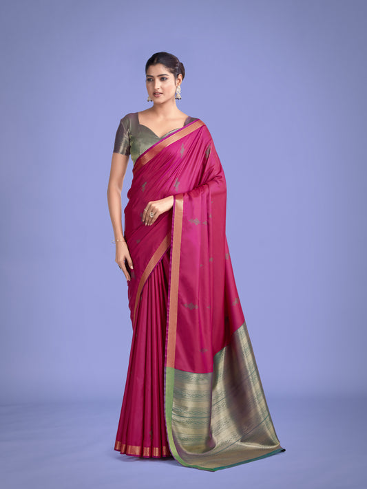 Charming Rani Pink Color Silk Golden Zari Woven Ceremony Saree