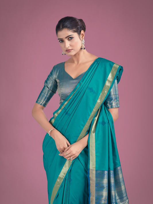 Charming Turquoise Color Silk Golden Zari Woven Ceremony Saree