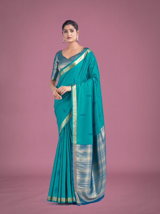 Charming Turquoise Color Silk Golden Zari Woven Ceremony Saree
