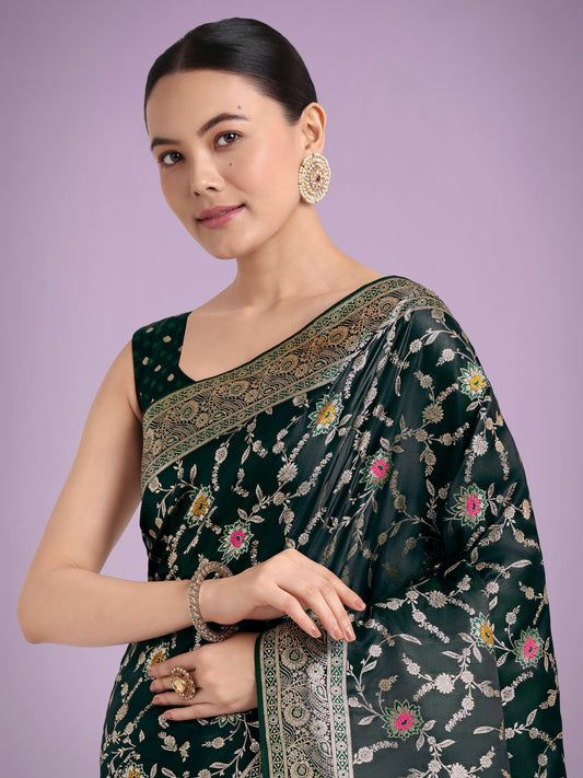 Dark Green Zari Woven Banarasi Classic Satin Silk Saree