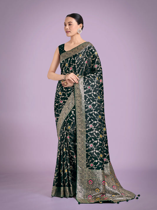 Dark Green Zari Woven Banarasi Classic Satin Silk Saree