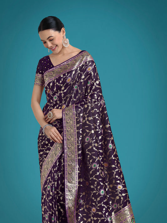 Dark Purple Zari Woven Banarasi Classic Satin Silk Saree