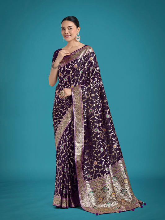 Dark Purple Zari Woven Banarasi Classic Satin Silk Saree