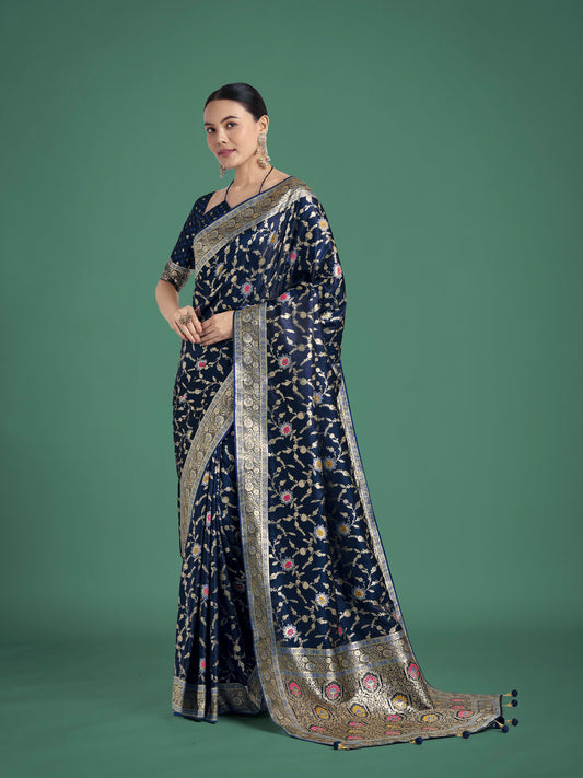 Dark Blue Zari Woven Banarasi Classic Satin Silk Saree
