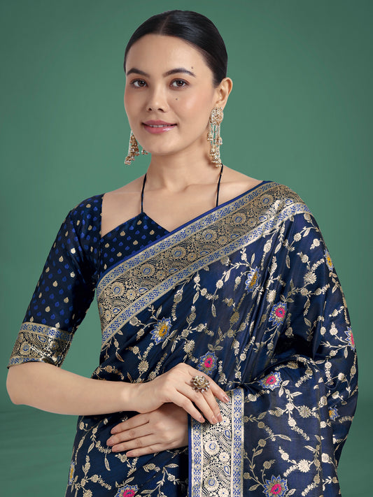 Dark Blue Zari Woven Banarasi Classic Satin Silk Saree