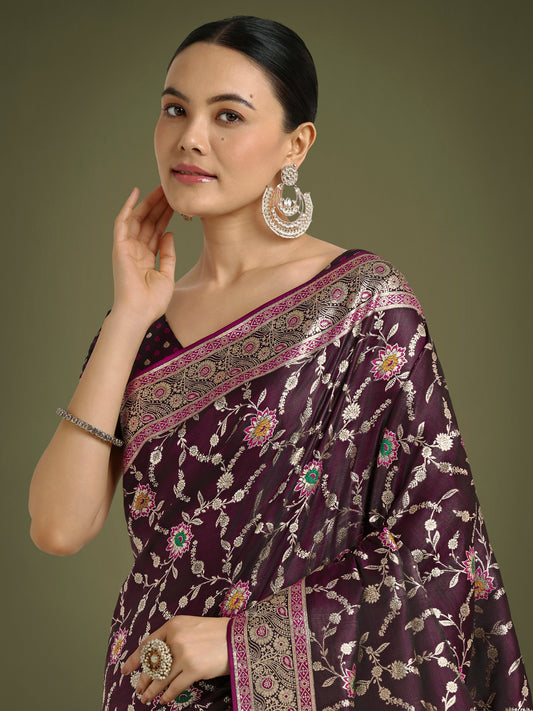 Wine Zari Woven Banarasi Classic Satin Silk Saree