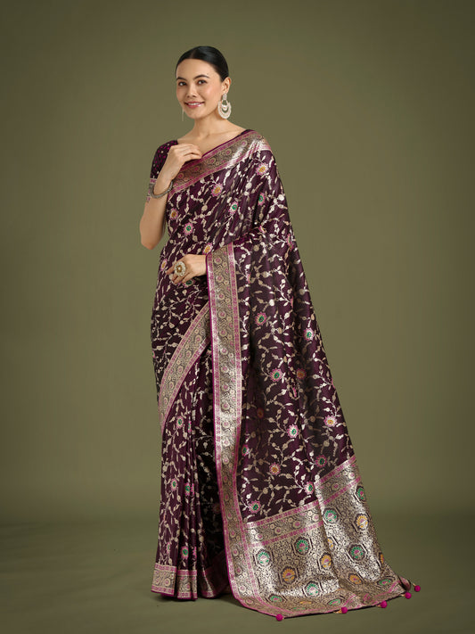 Wine Zari Woven Banarasi Classic Satin Silk Saree