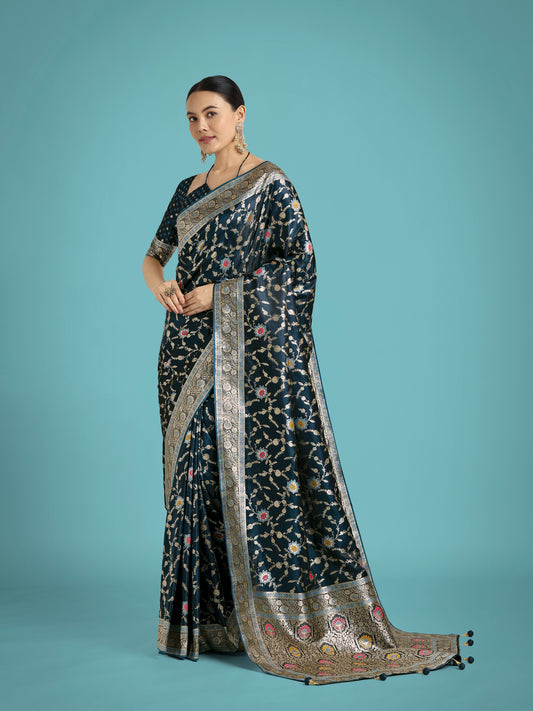Dark Teal Zari Woven Banarasi Classic Satin Silk Saree