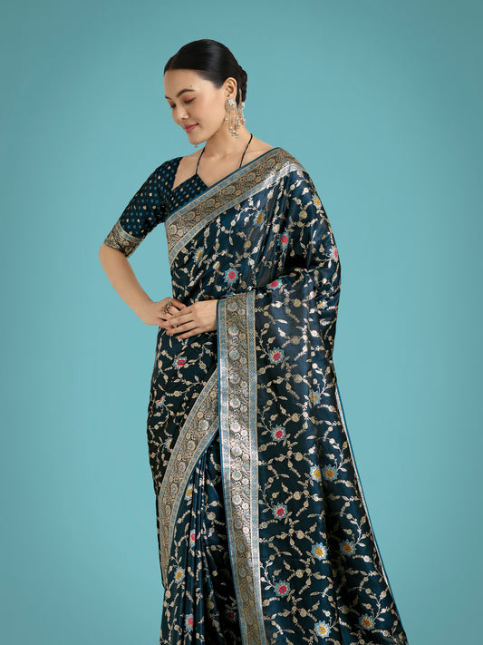 Dark Teal Zari Woven Banarasi Classic Satin Silk Saree