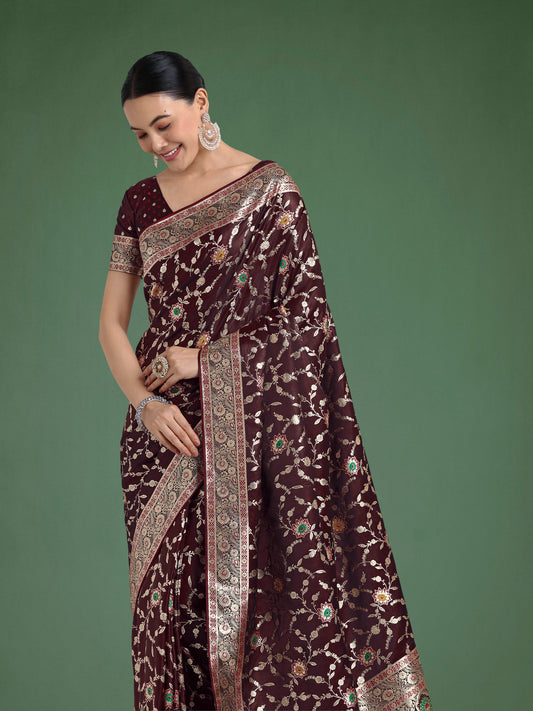 Maroon Zari Woven Banarasi Classic Satin Silk Saree