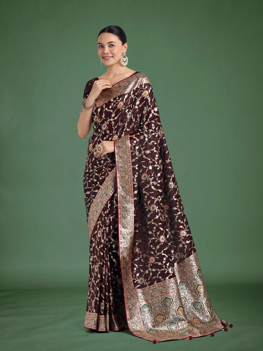 Maroon Zari Woven Banarasi Classic Satin Silk Saree