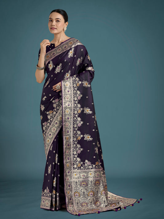 Dark Purple Glamour and Tradition With This Zari Woven Banarasi Satin Silk Saree