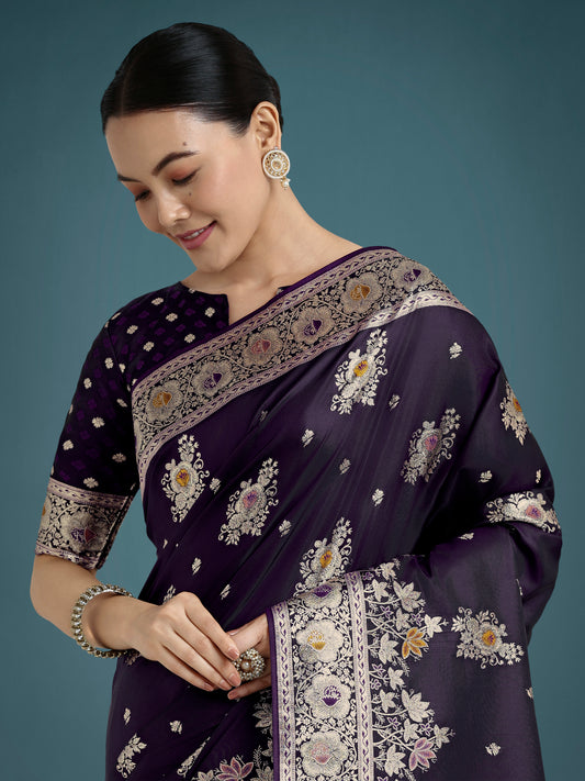 Dark Purple Glamour and Tradition With This Zari Woven Banarasi Satin Silk Saree