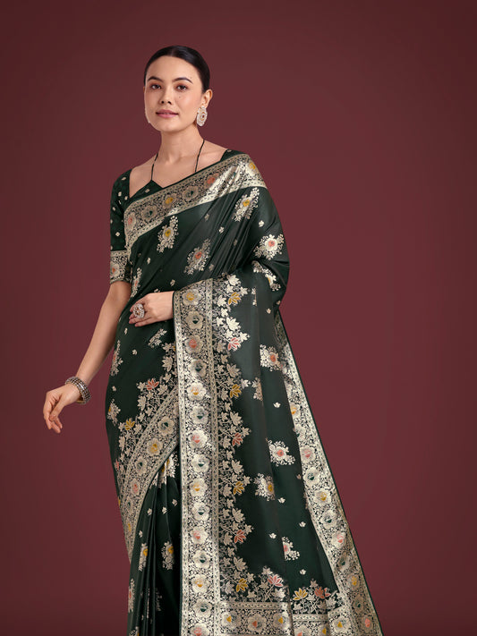 Dark Green Glamour and Tradition With This Zari Woven Banarasi Satin Silk Saree