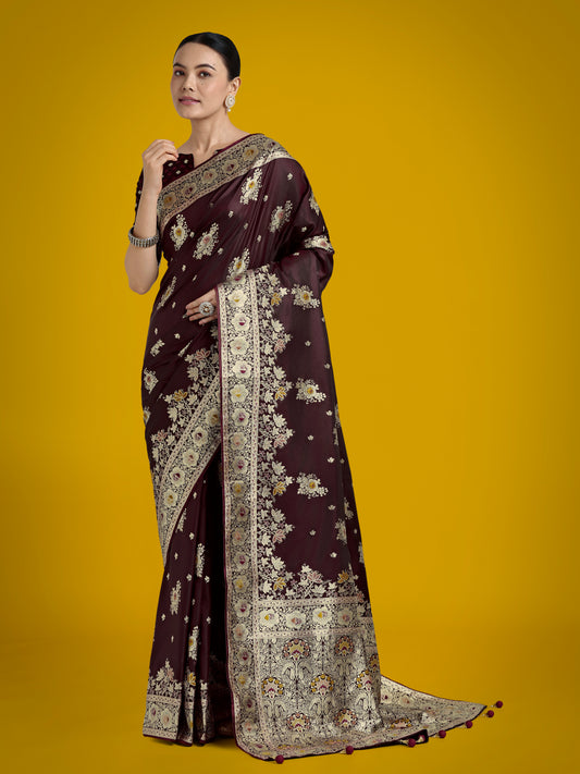 Dark Maroon Glamour and Tradition With This Zari Woven Banarasi Satin Silk Saree