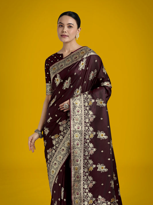 Dark Maroon Glamour and Tradition With This Zari Woven Banarasi Satin Silk Saree