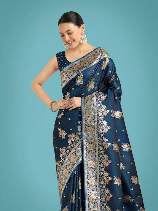 Dark Teal Glamour and Tradition With This Zari Woven Banarasi Satin Silk Saree