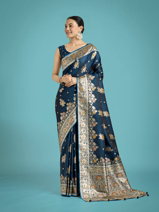 Dark Teal Glamour and Tradition With This Zari Woven Banarasi Satin Silk Saree