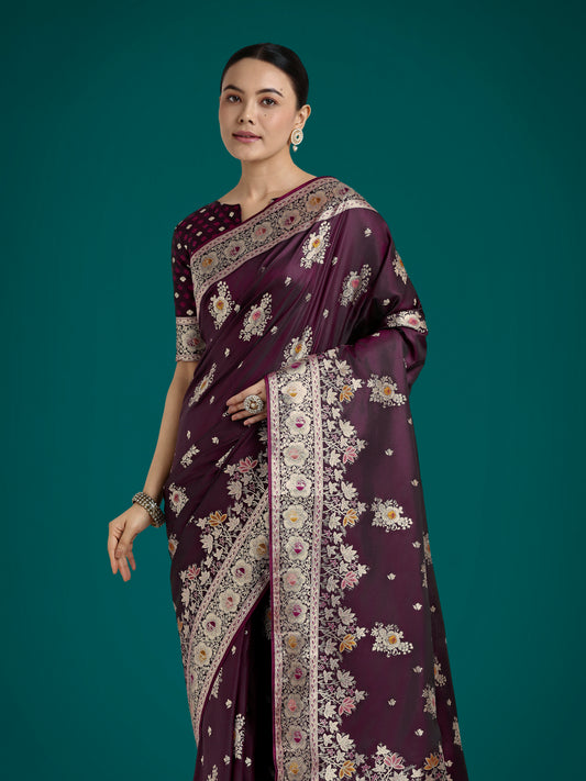 Dark Wine Glamour and Tradition With This Zari Woven Banarasi Satin Silk Saree