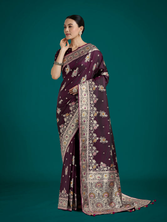 Dark Wine Glamour and Tradition With This Zari Woven Banarasi Satin Silk Saree