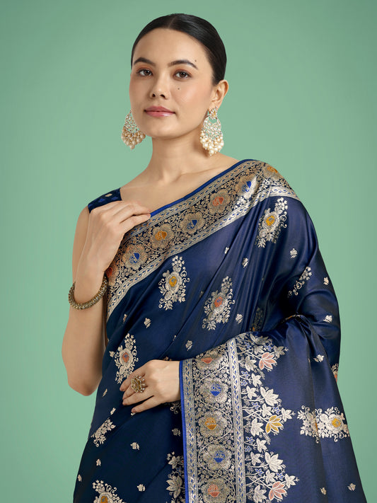 Dark blue Glamour and Tradition With This Zari Woven Banarasi Satin Silk Saree