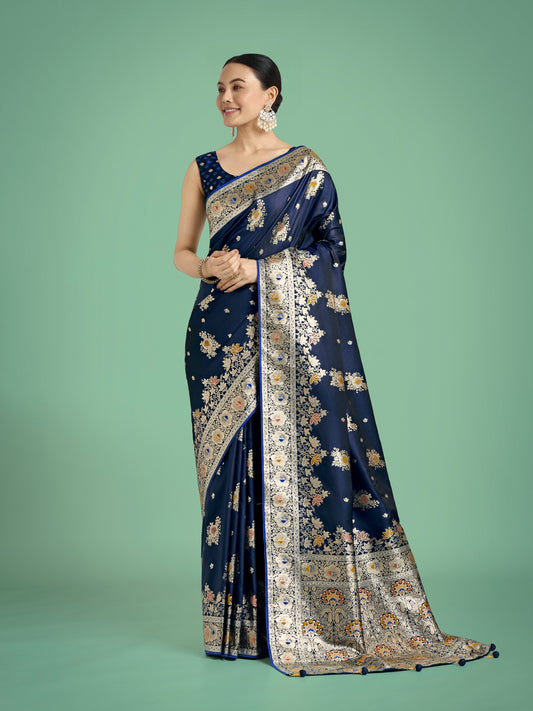 Dark blue Glamour and Tradition With This Zari Woven Banarasi Satin Silk Saree