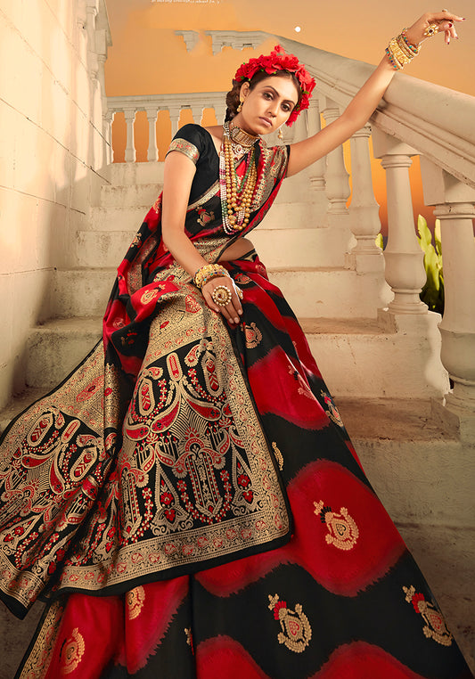 Black and Red Banarasi Silk Woven Party Wear Saree
