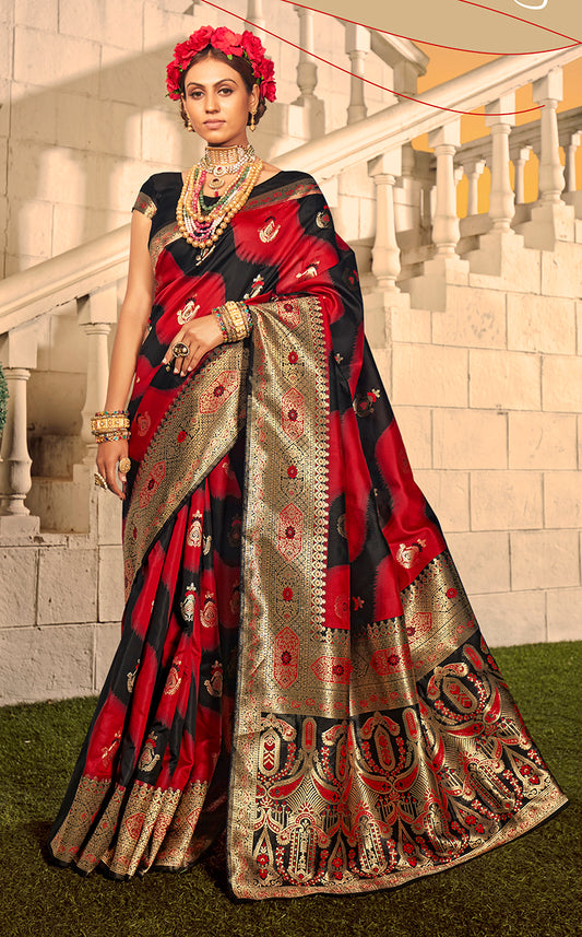 Black and Red Banarasi Silk Woven Party Wear Saree