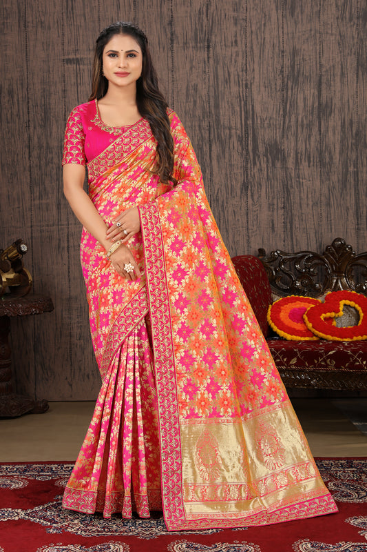 Rani Pink Banarasi Silk Woven Work Traditionally Saree