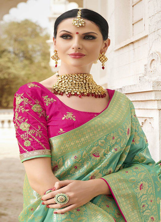 Parrot Green Banarasi Silk Blend Woven Wedding Saree