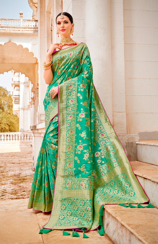 Parrot Green Banarasi Silk Blend Woven Wedding Saree