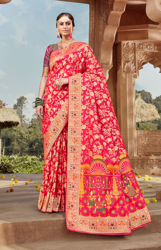 Rani Pink Banarasi Silk Woven Designer Saree