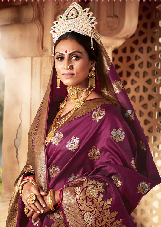 Wine Banarasi Silk Woven Work Functional Saree