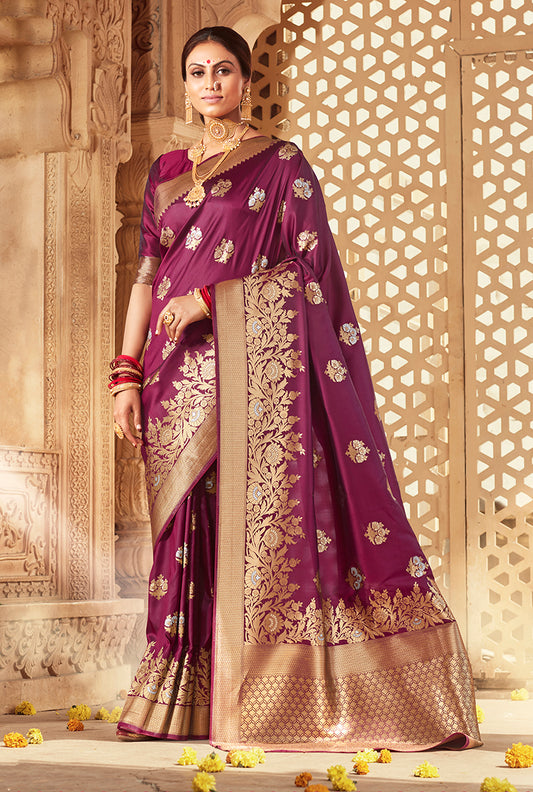 Wine Banarasi Silk Woven Work Functional Saree