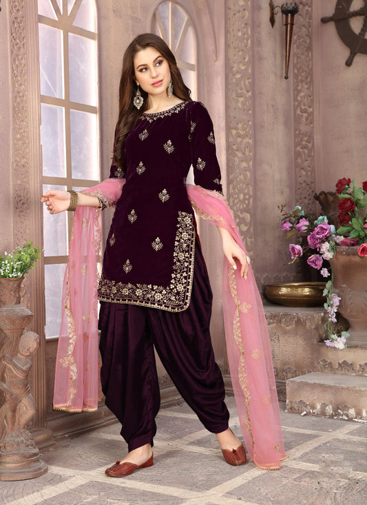 Wine Velvet Embroidery Stunning Patiala Suit