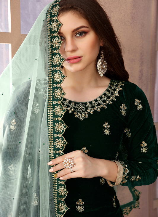 Dark Green Velvet Embroidery Stunning Patiala Suit
