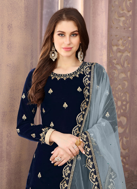 Navy blue Velvet Embroidery Stunning Patiala Suit