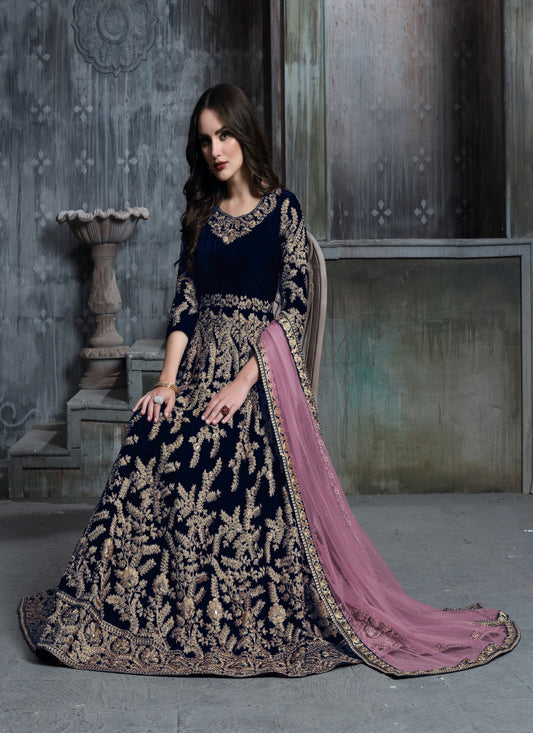 Dark Blue Velvet Heavy Work Floor Length Anarkali Suit