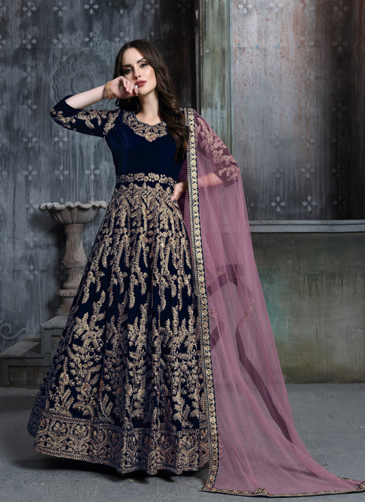 Dark Blue Velvet Heavy Work Floor Length Anarkali Suit