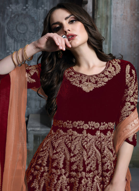 Red Velvet Heavy Work Floor Length Anarkali Suit